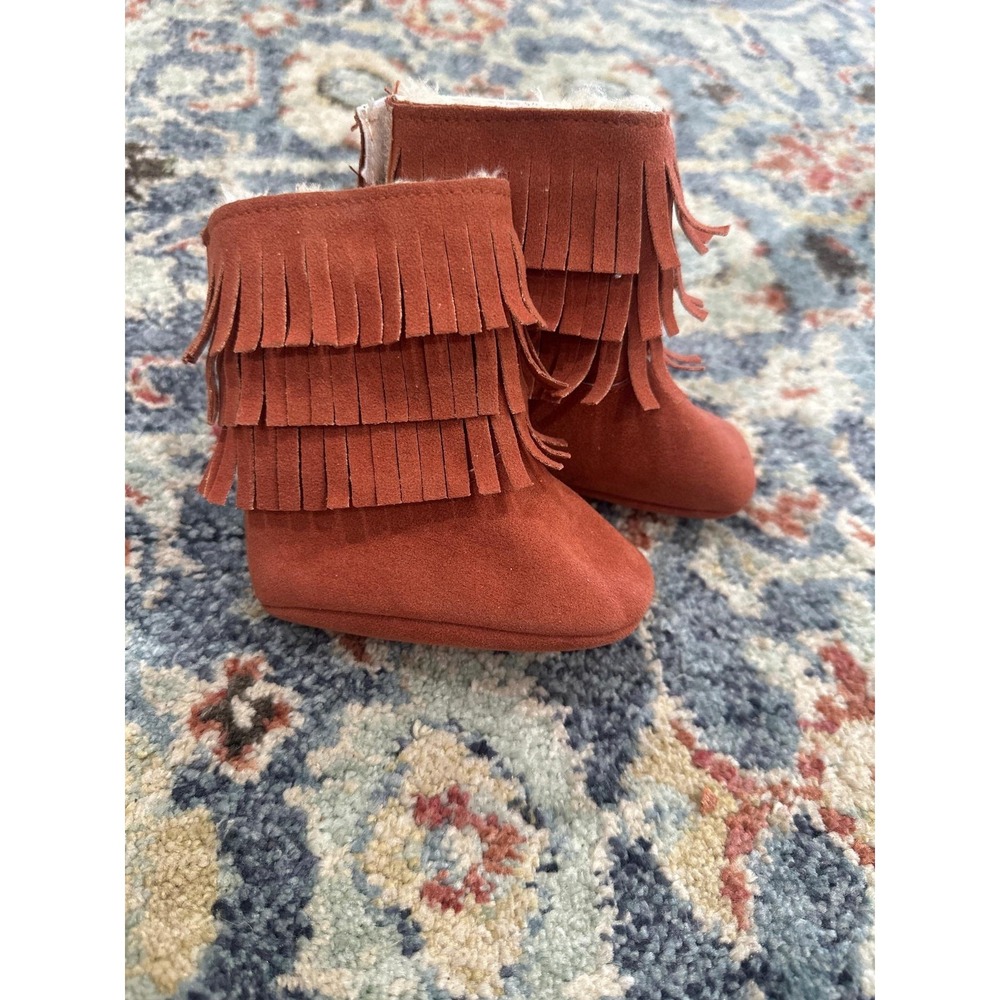 Fringe Booties Kids Girls 12-18m Rust Faux Suede Boho Soft Sole EUC
